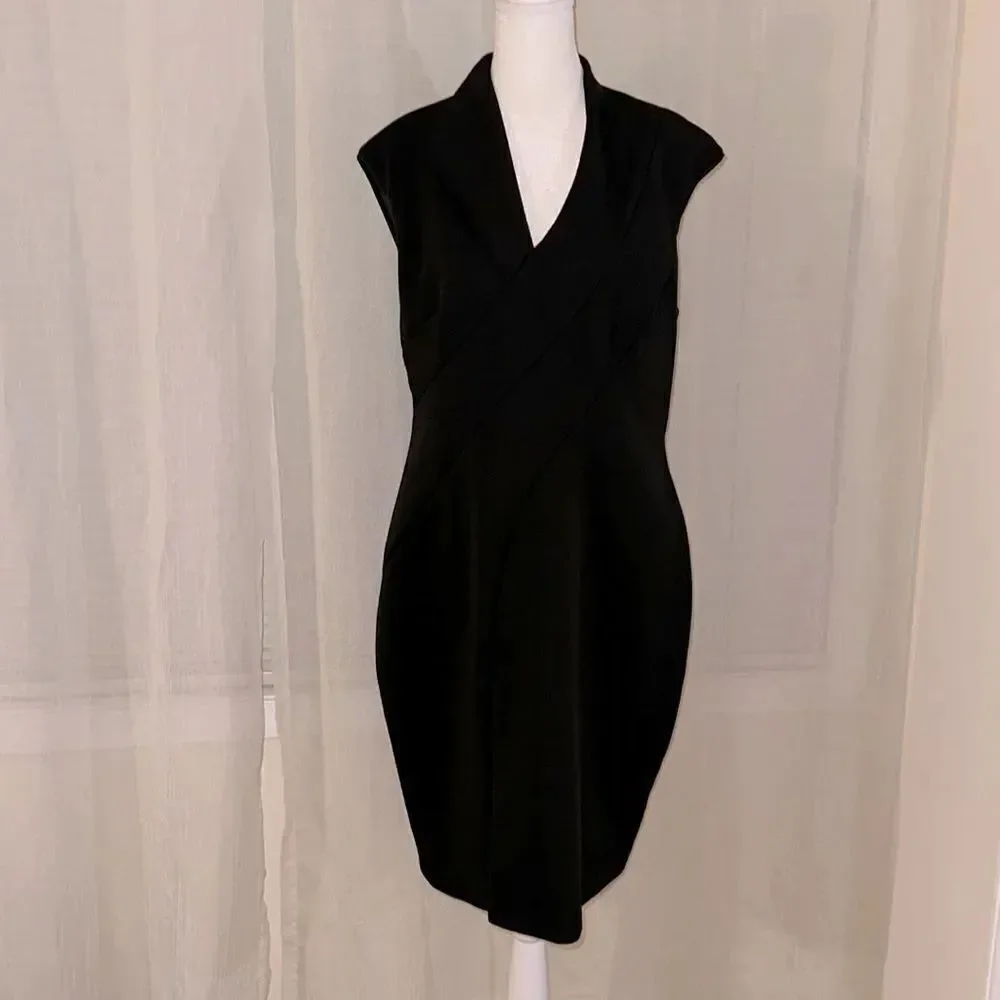 Ted Baker 14 (5) Black Geodese V Neck Front Slit Back Zip Sleeveless Shift Dress